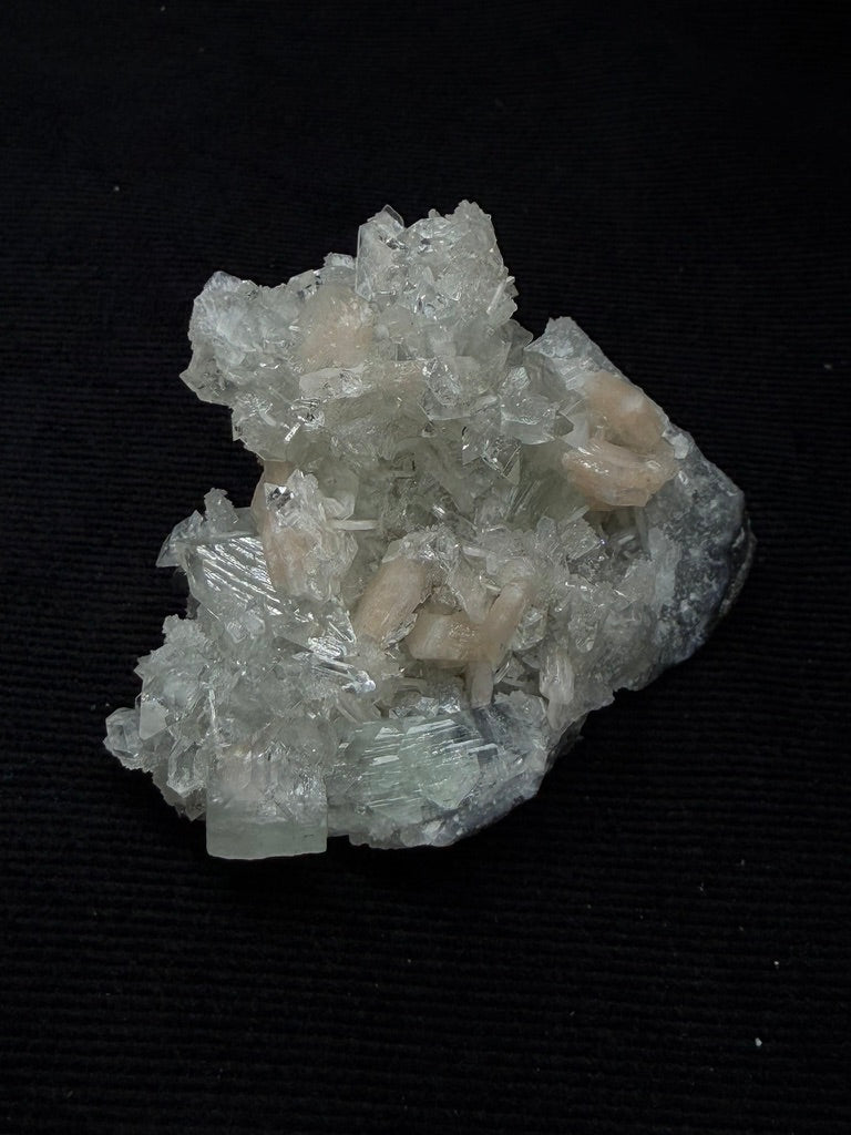 Diamond Apophyllite with Prehnite and Stilbite on Blue Chalcedony - 98DA
