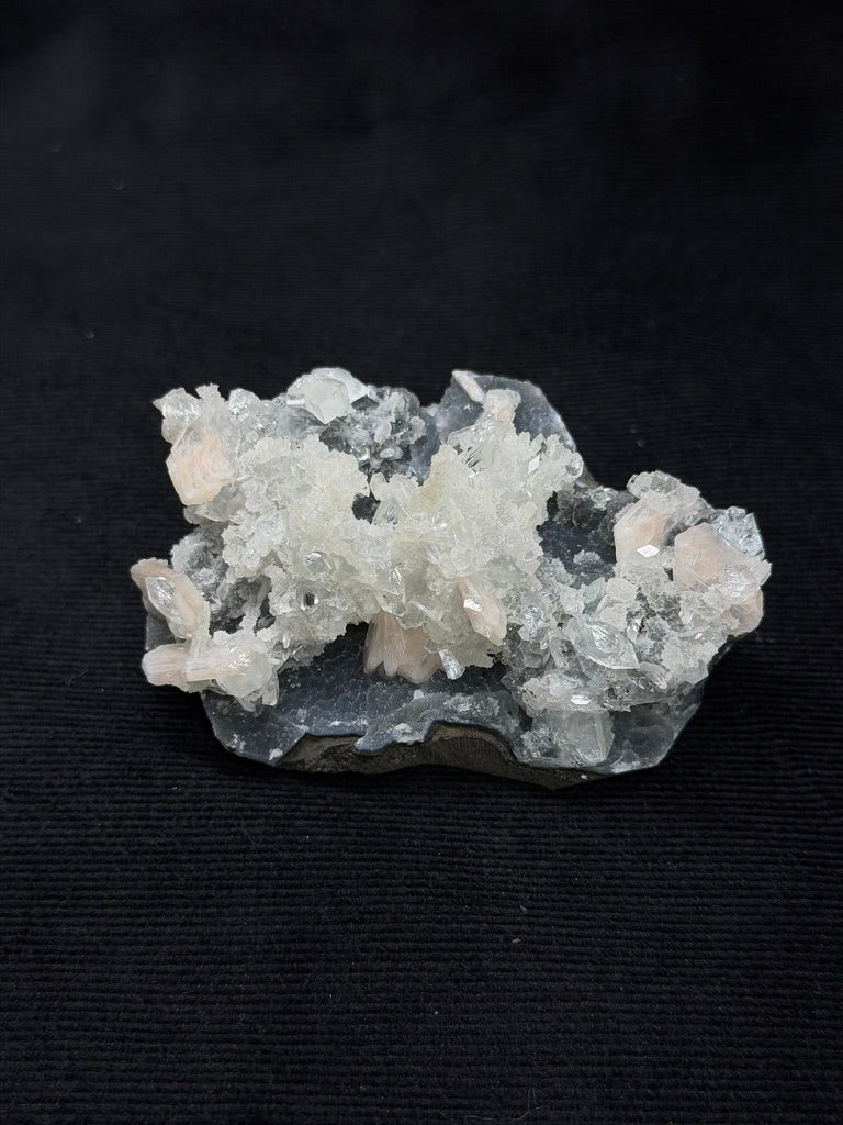Premium Diamond Apophyllite with Prehnite and Stilbite on Blue Chalcedony - 142DA