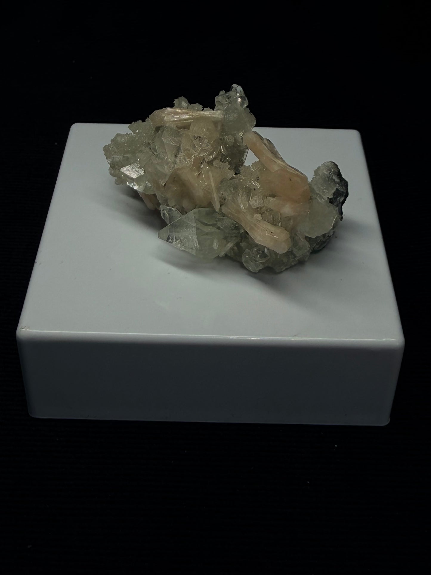 Diamond Apophyllite with Prehnite and Stilbite on Blue Chalcedony - 48DA