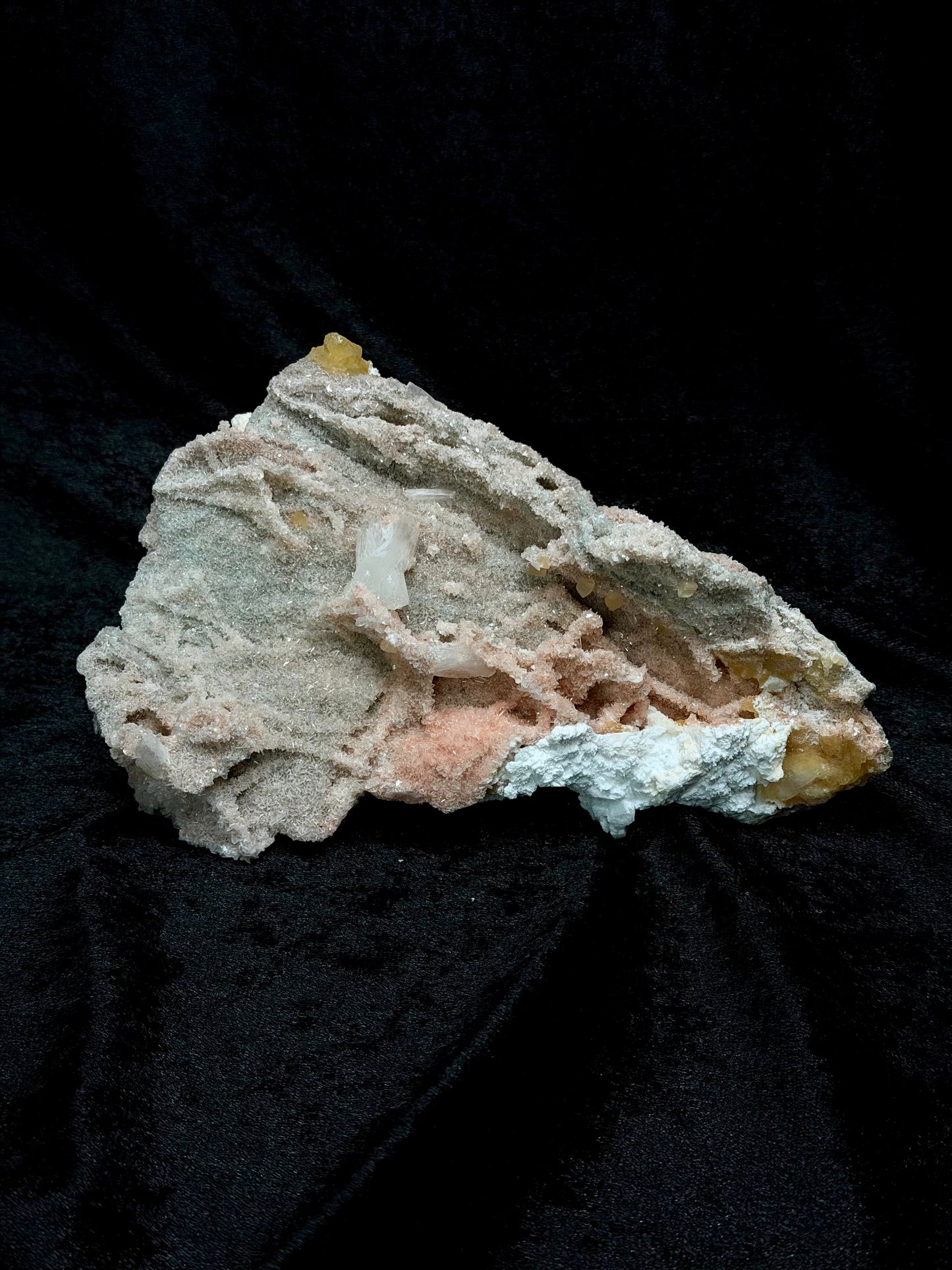 Pink Coral with Barite Crystal, Stilbite with Yellow Calcite and Green Hues - 139C