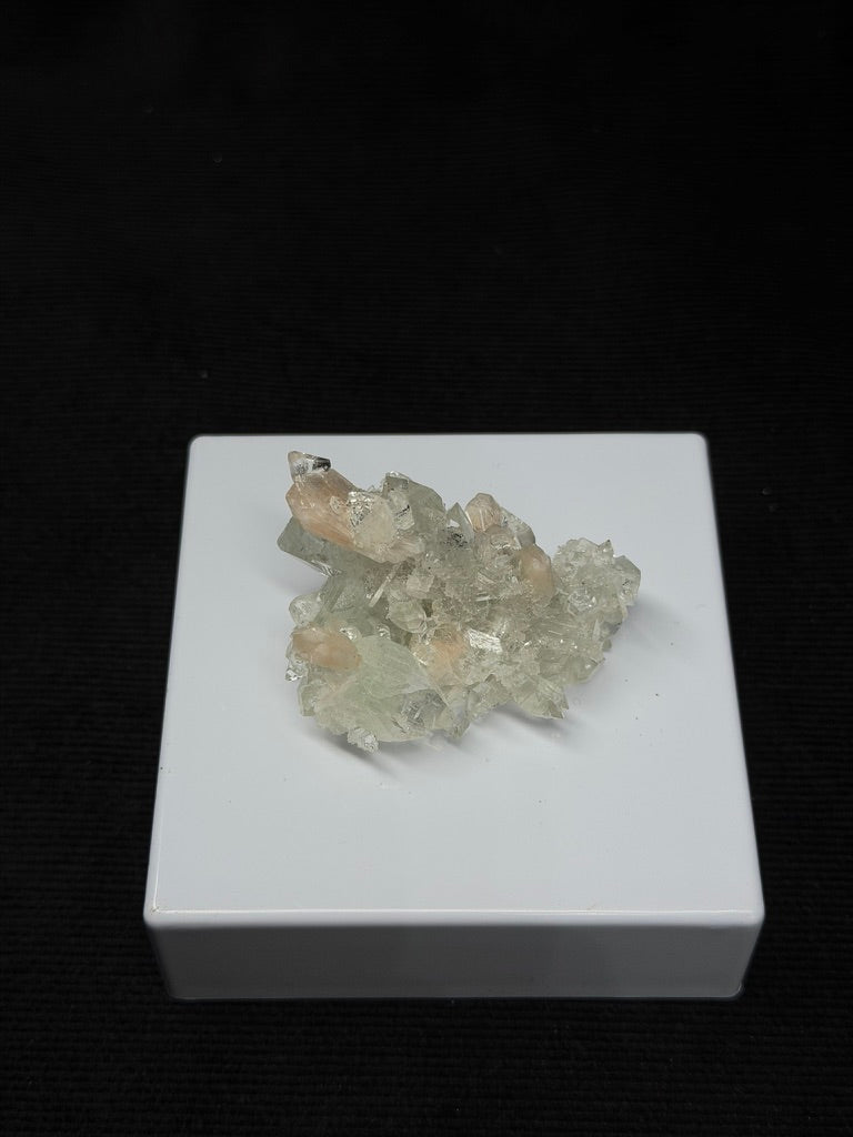 Diamond Apophyllite with Prehnite and Stilbite on Blue Chalcedony - 78DA