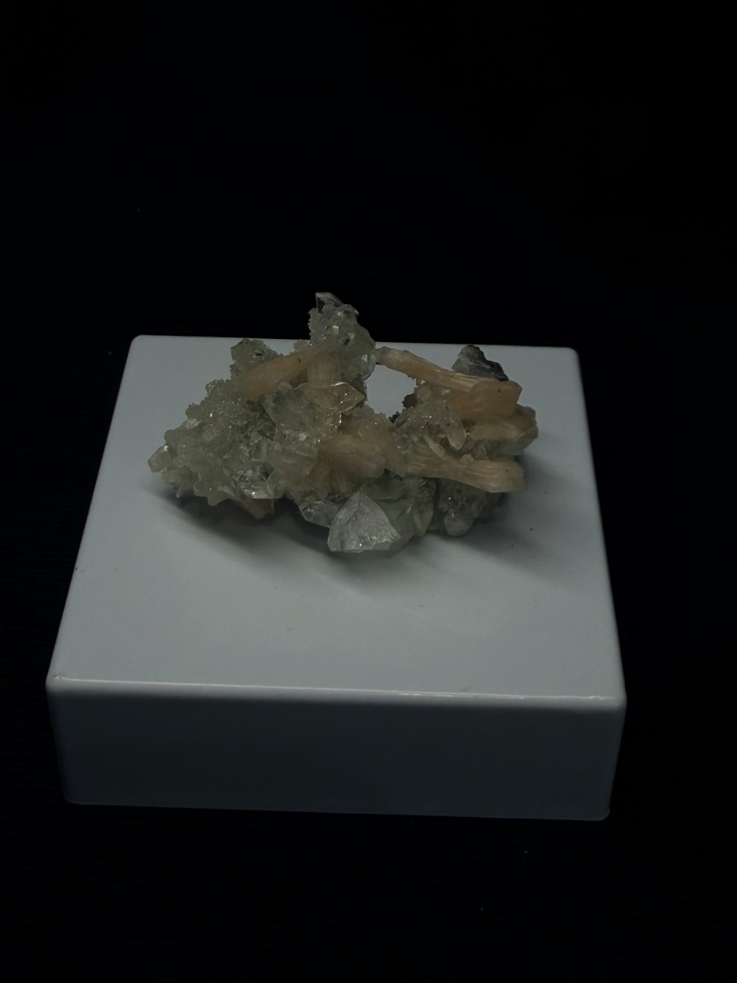 Diamond Apophyllite with Prehnite and Stilbite on Blue Chalcedony - 48DA