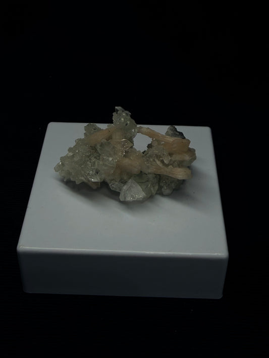 Diamond Apophyllite with Prehnite and Stilbite on Blue Chalcedony - 48DA