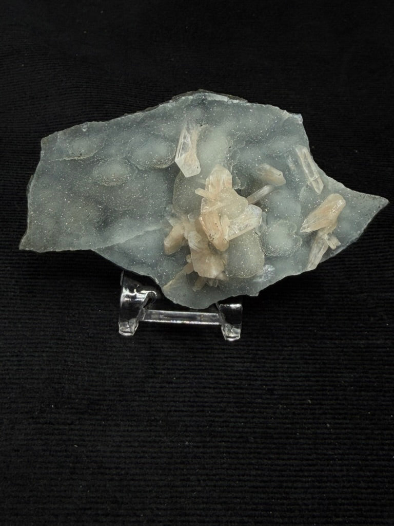 Blue Grey Chalcedony with Peach Stilbite Specimen on Stand - 72DC