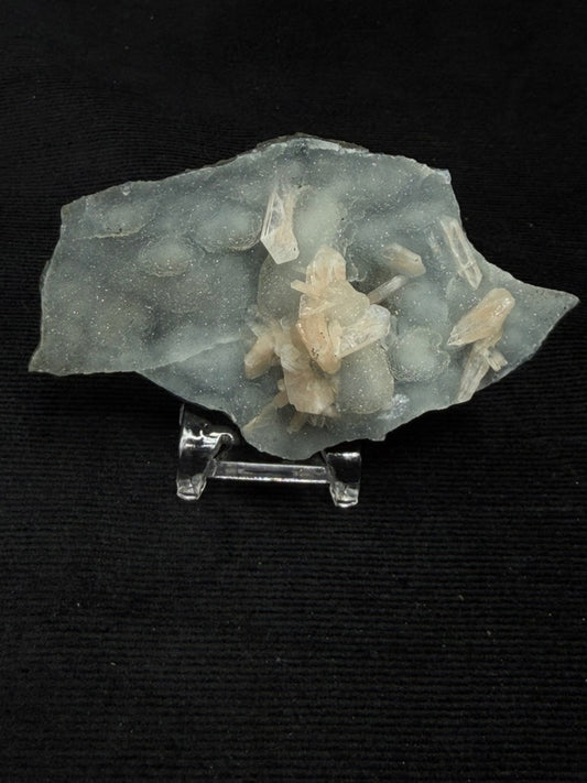 Blue Grey Chalcedony with Peach Stilbite Specimen on Stand - 72DC