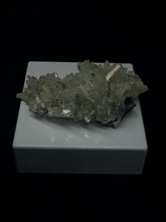 Diamond Apophyllite with Prehnite and Stilbite on Blue Chalcedony - 96DA