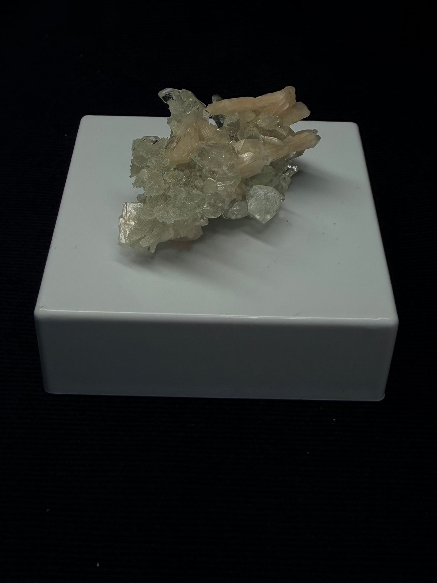 Diamond Apophyllite with Prehnite and Stilbite on Blue Chalcedony - 48DA