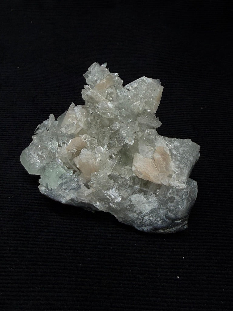 Diamond Apophyllite with Prehnite and Stilbite on Blue Chalcedony - 98DA